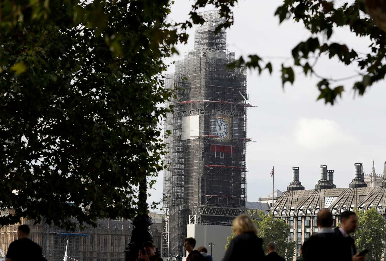 Scaffolding surrounds the Elizabeth Tower housing the Big Ben clock of Britain's Parliament.