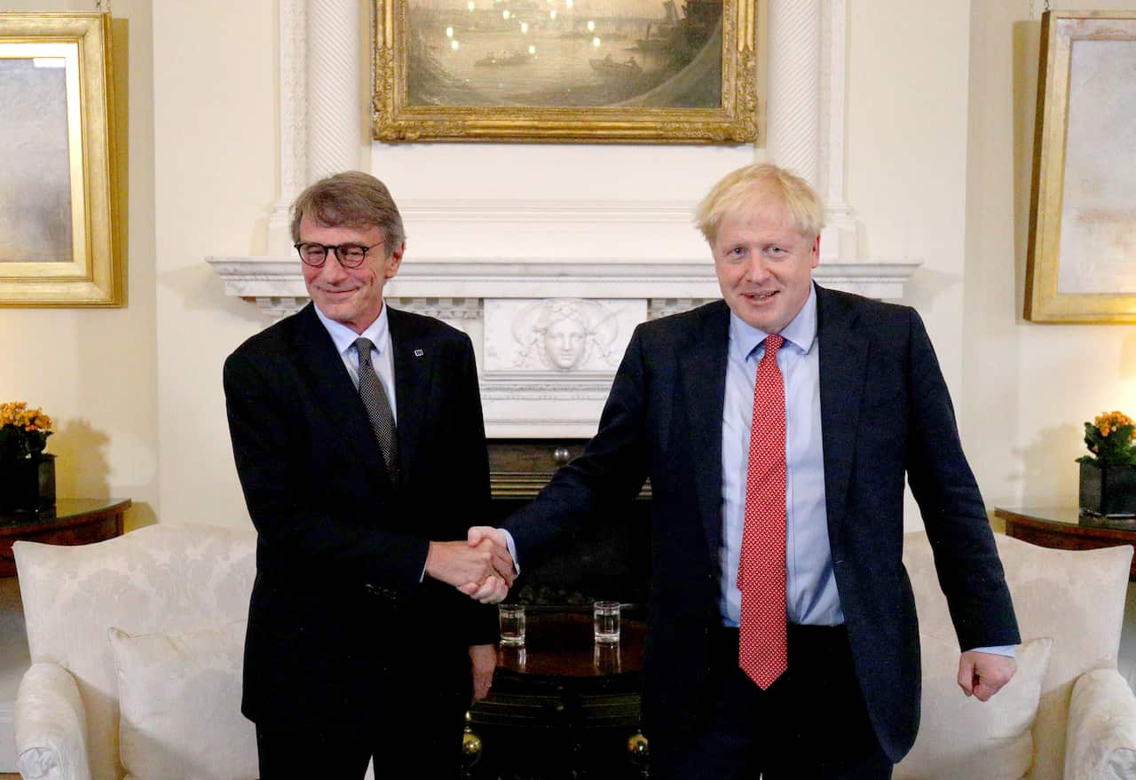 Prime Minister Boris Johnson (right) shakes hands with the President of the European Parliament, David Sassoli, in Downing Street.
