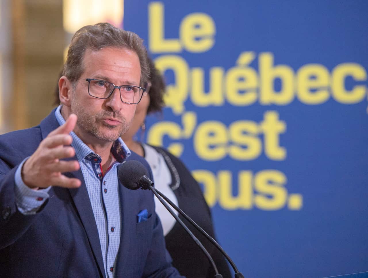 Bloc Quebecois leader Yves-Francois Blanchet speaks to the media while campaigning, Thursday, October 17, 2019 in Montreal.(Ryan Remiorz/The Canadian Press via AP)