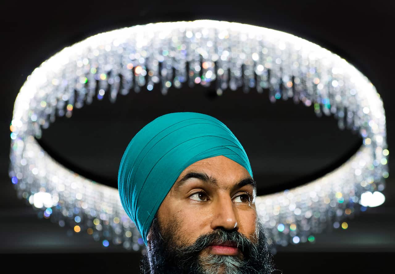 NDP Leader Jagmeet Singh speaks at a rally during a campaign stop in Penticton, British Columbia, on Saturday, Oct. 19, 2019. (Nathan Denette/The Canadian Press via AP)