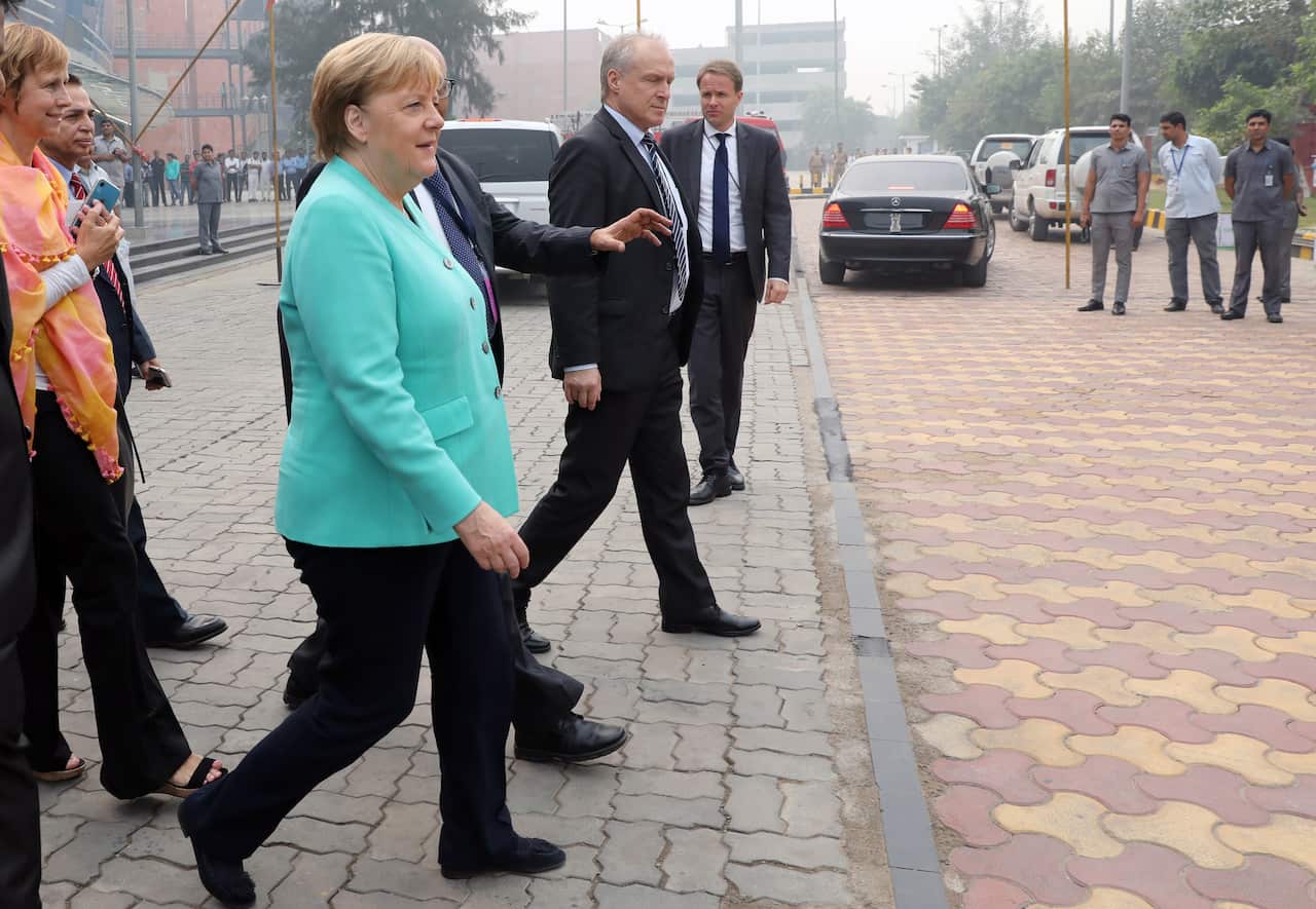 German Chancellor Angela Merkel arrives to visit a metro station in New Delhi, India, 02 November 2019.