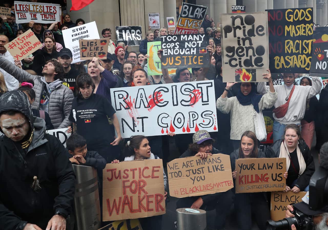 Protesters in Melbourne. 