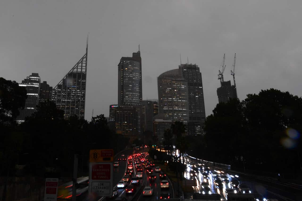 Wet and stormy weather is seen around Sydney's CBD on Friday.