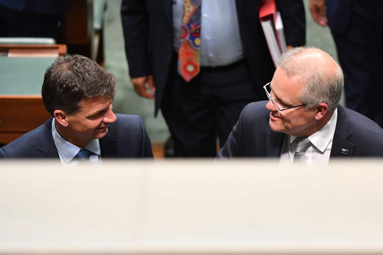 Minister for Energy Angus Taylor and Prime Minister Scott Morrison during Question Time.