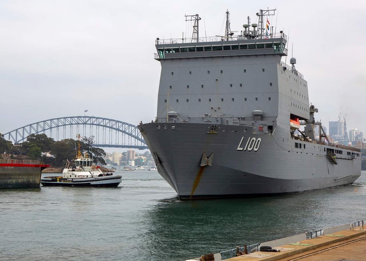 The HMAS Choules departs from a fleet base in Sydney on Wednesday bound for Victoria.