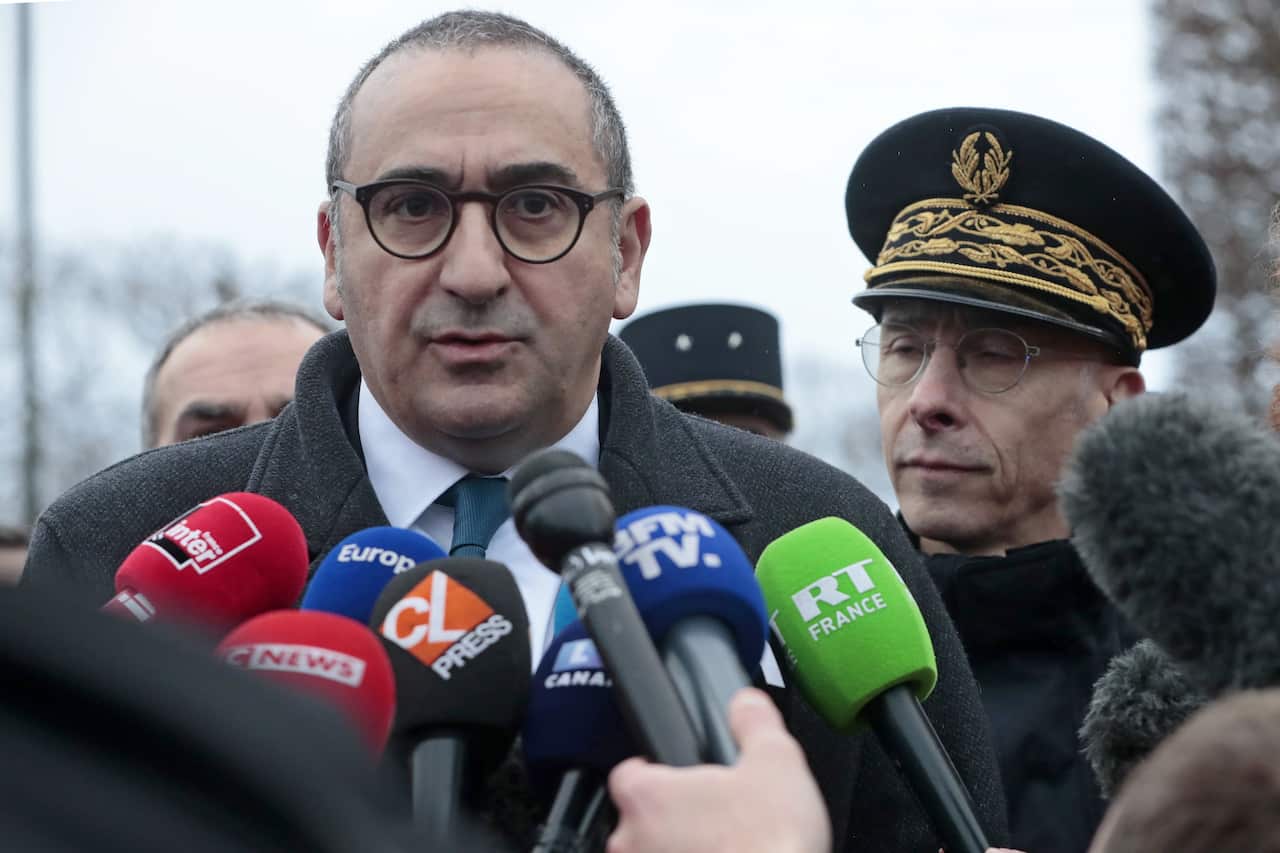 French Junior Interior Minister Laurent Nunez (L) and Paris Police Prefect Didier Lallement (R) hold a press conference.
