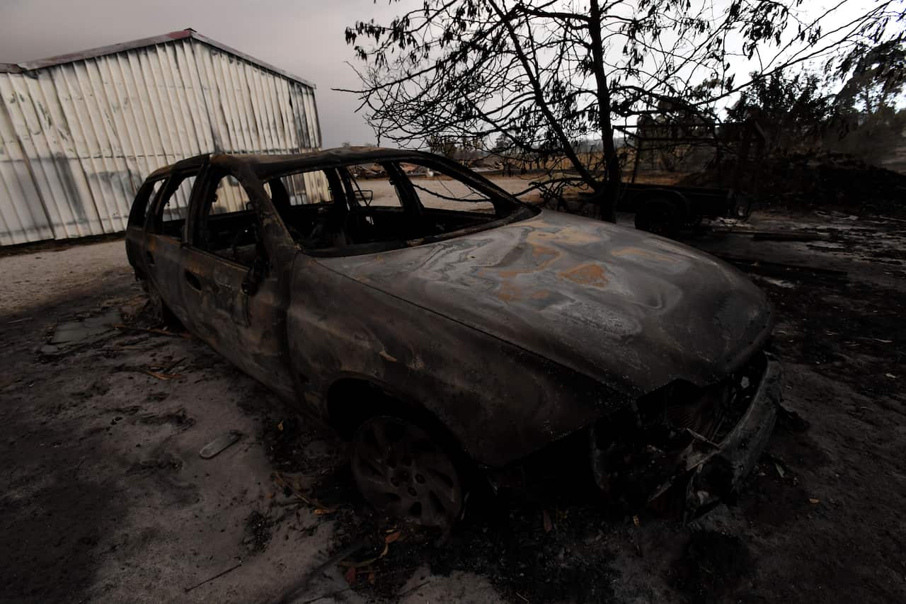 Remains of a burnt-out property that was impacted by a blaze in late December is seen at Bruthen South, Victoria.