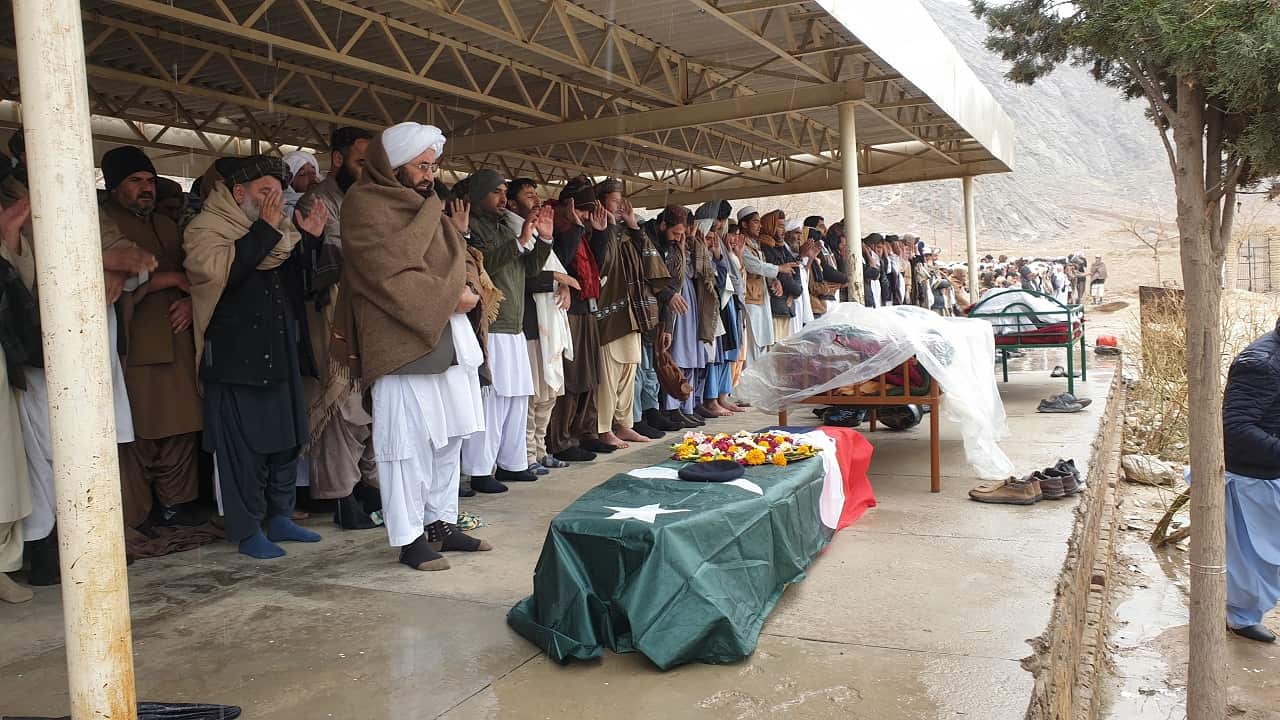 The funeral of a Pakistani police official, a day after he was killed in a bomb blast during evening prayers at a mosque in Quetta.