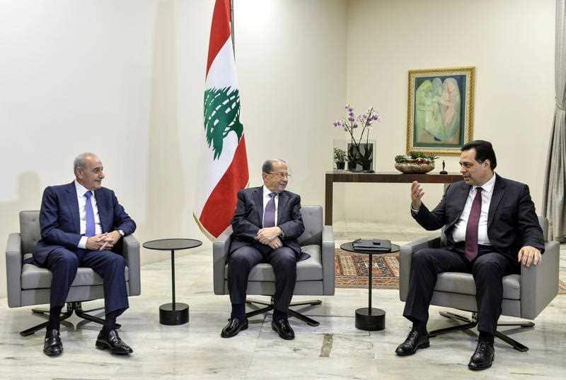 President Michel Aoun meets with Prime Minister-designate Hassan Diab and Lebanese Parliament Speaker Nabih Berri after the formation of a new government.