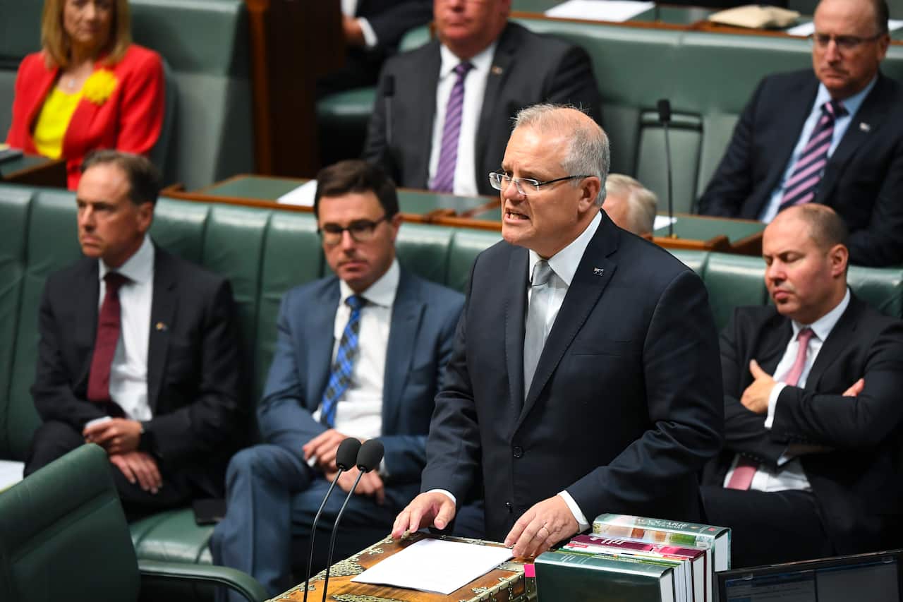 Prime Minister Scott Morrison pays tribute to bushfire victims at Parliament House in Canberra.