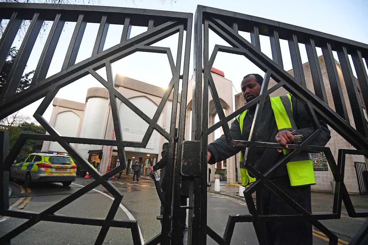 Security and police outside London Central Mosque in Regent's Park, where officers have arrested a man on suspicion of attempted murder.