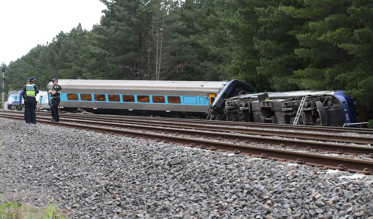 The scene of an XPT train derailment at Wallan, north of Melbourne.