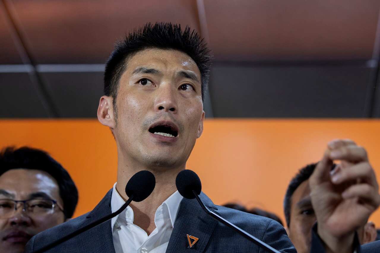 Future Forward leader Thanathorn Juangroongruangkit speaks during a press conference.