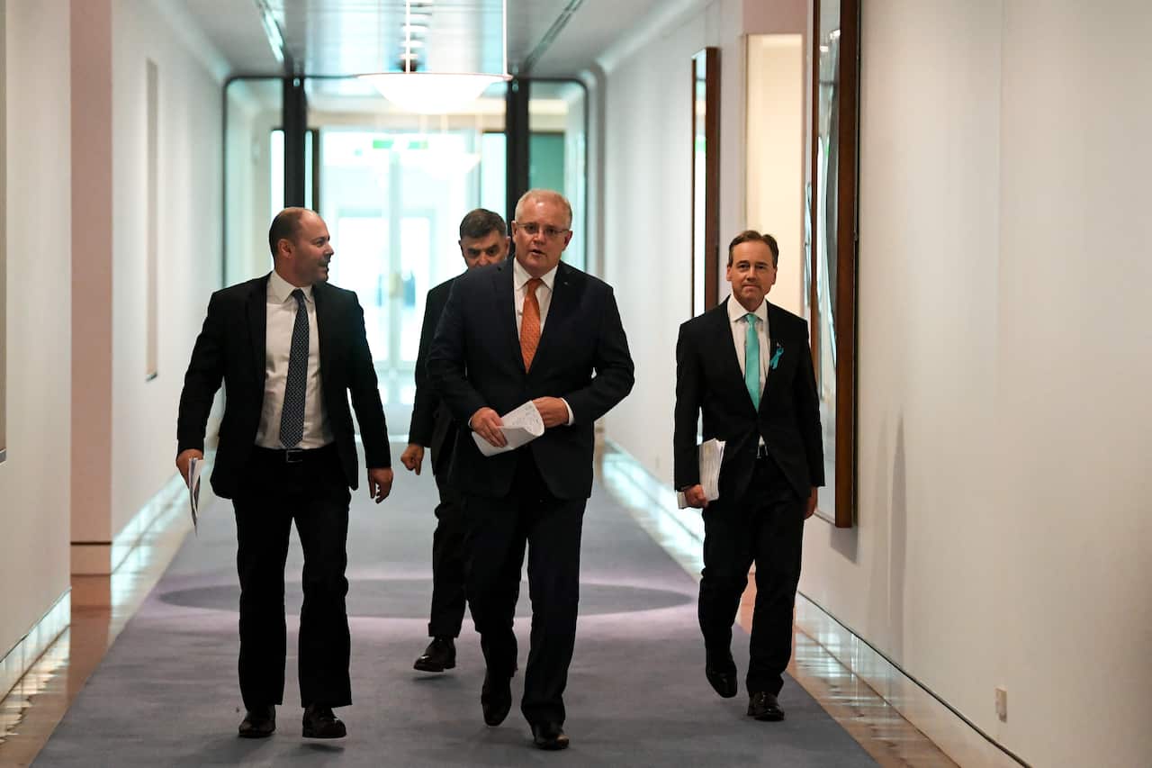 Treasurer Josh Frydenberg, Chief Medical Officer Brendan Murphy, Prime Minister Scott Morrison and Health Minister Greg Hunt 