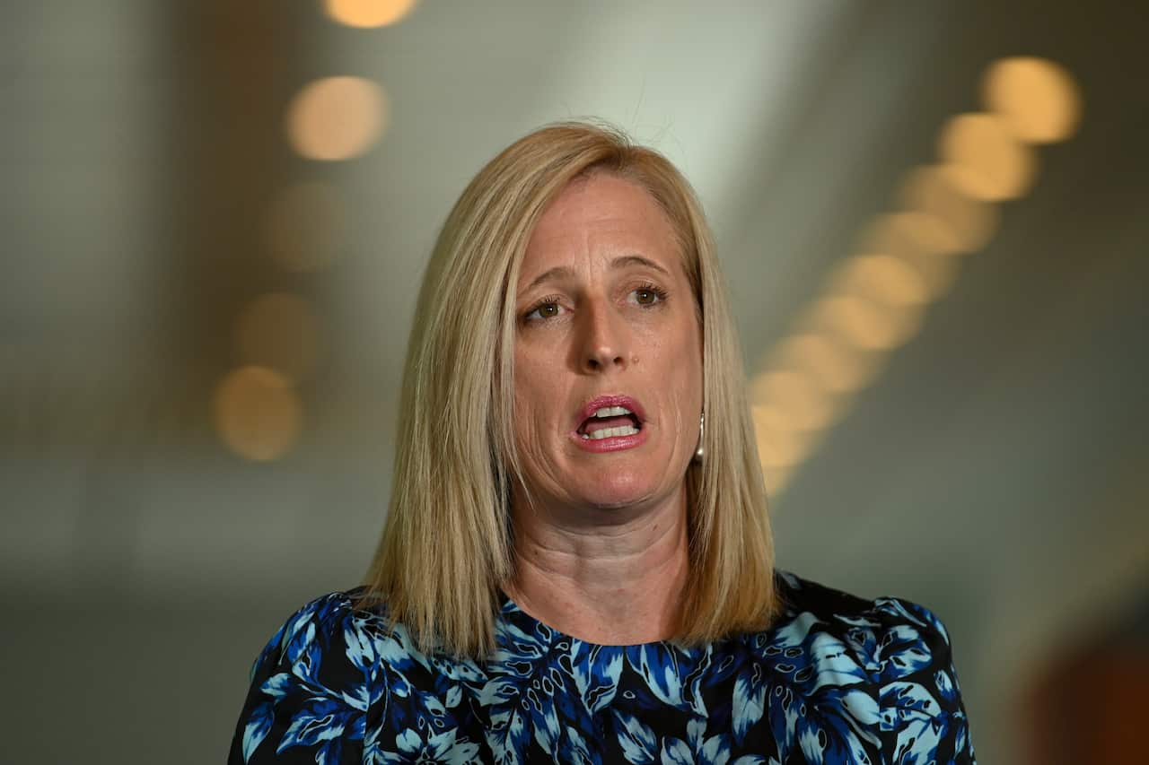 Senator Katy Gallagher speaks to the media during a press conference at Parliament House in Canberra.