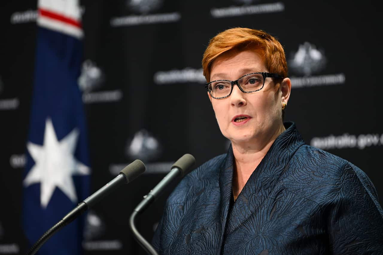 Australian Foreign Minister Marise Payne speaks to the media