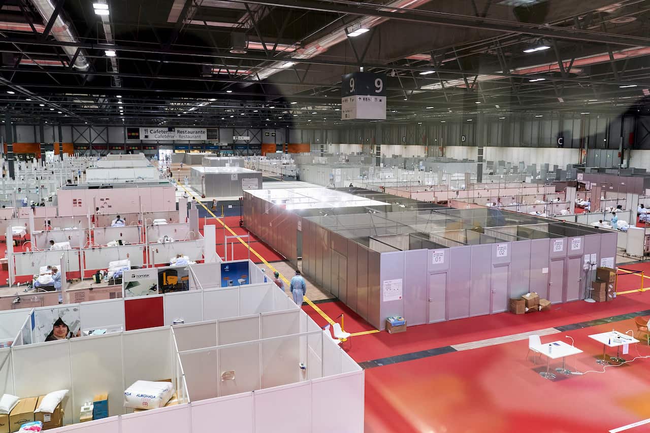 COVID-19 patients at a Madrid field hospital, 11 April, 2020.