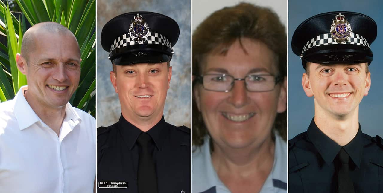 (L-R) Constable Glen Humphris, Senior Constable Kevin King, Leading Senior Constable Lynette Taylor and Constable Joshua Prestney were killed.