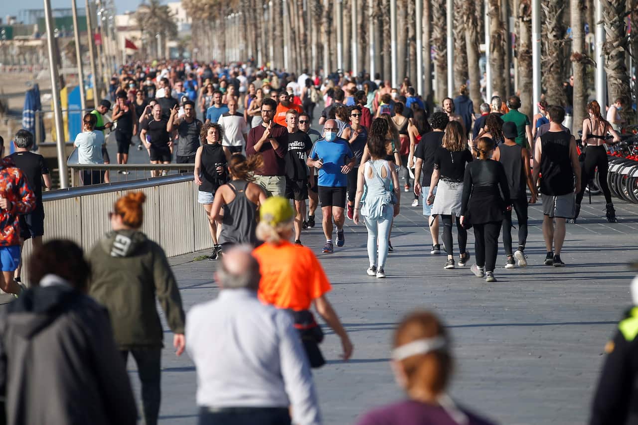 People exercising along Paseo Maritimo promenade in Barcelona, Spain, 02 May 2020.