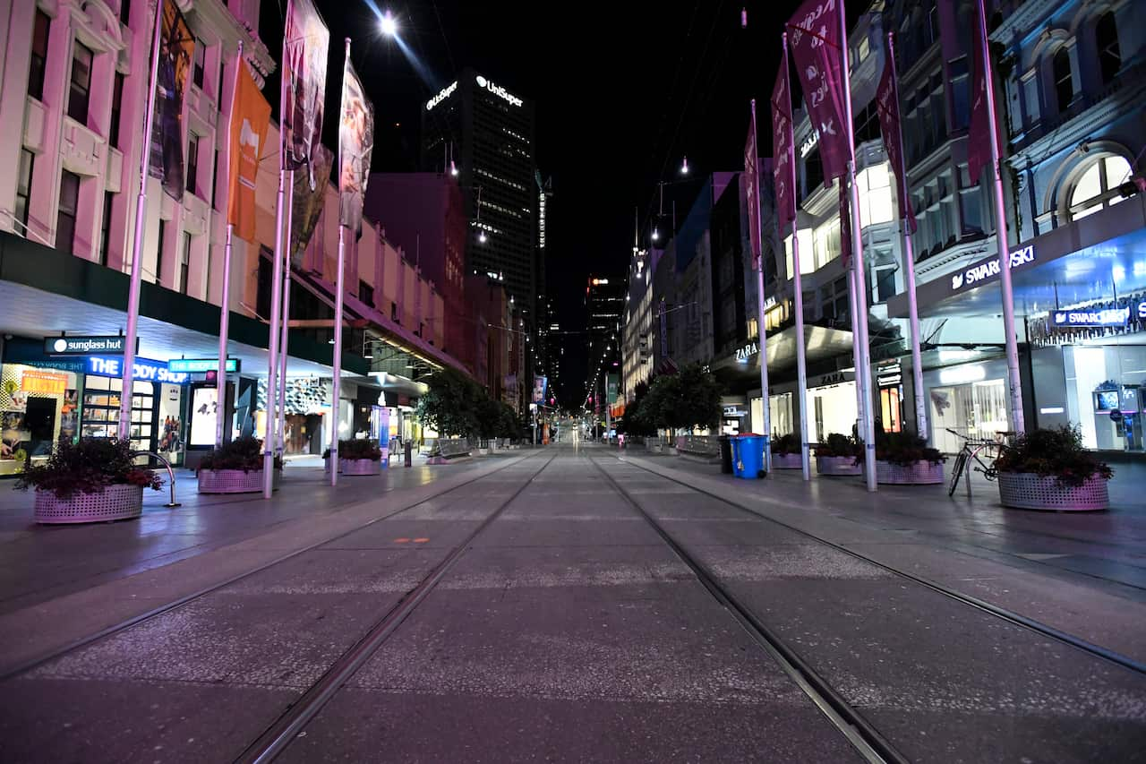 Bourke Street Mall is seen before a citywide curfew is introduced in Melbourne.