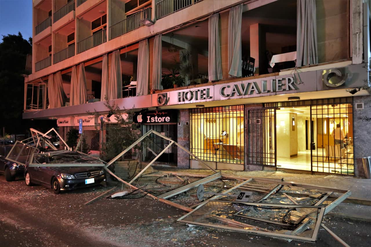 A view shows the damaged Cavalier Hotel in Al-Hamra area in Beirut after the port explosion.