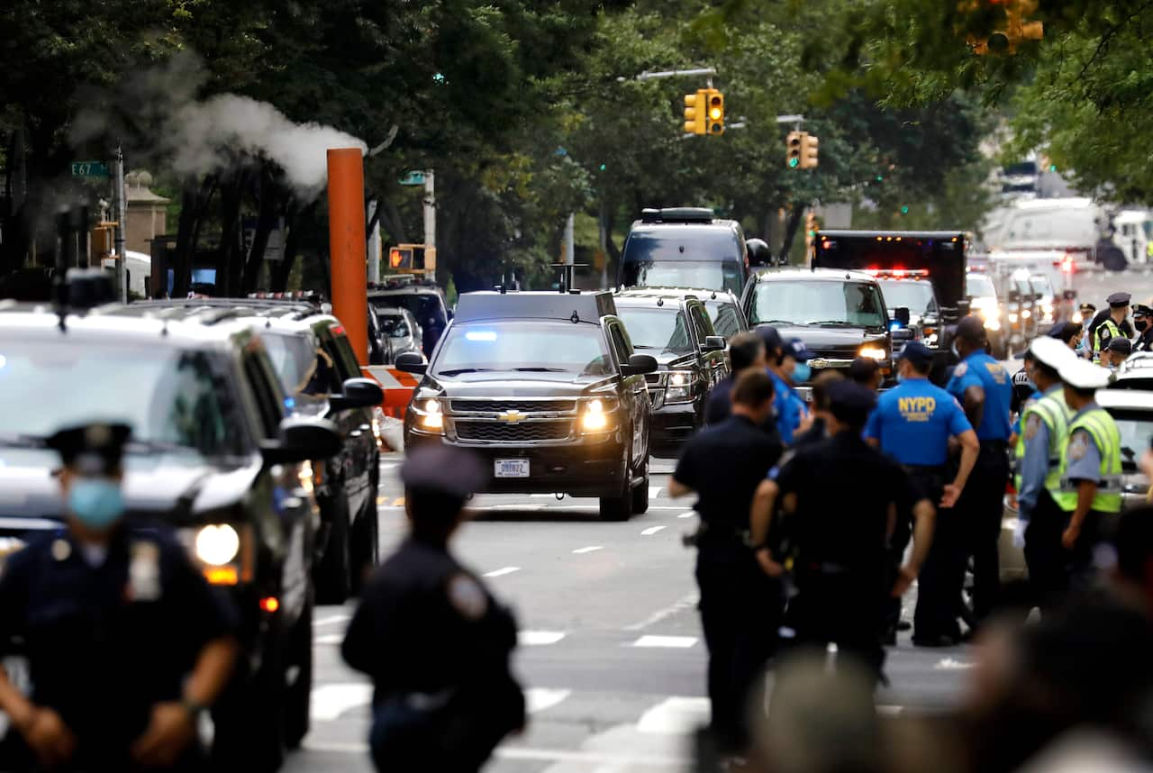 US President Donald Trump's motorcade arrives at New York Presbyterian Hospital in New York to visit his younger brother, Robert Trump on 14 August.