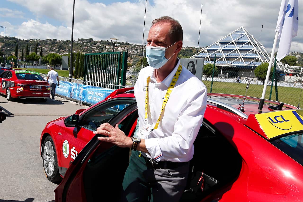 Christian Prudhomme, General Director of the Tour de France, arrives for the start of the third stage of the Tour de France cycling race.