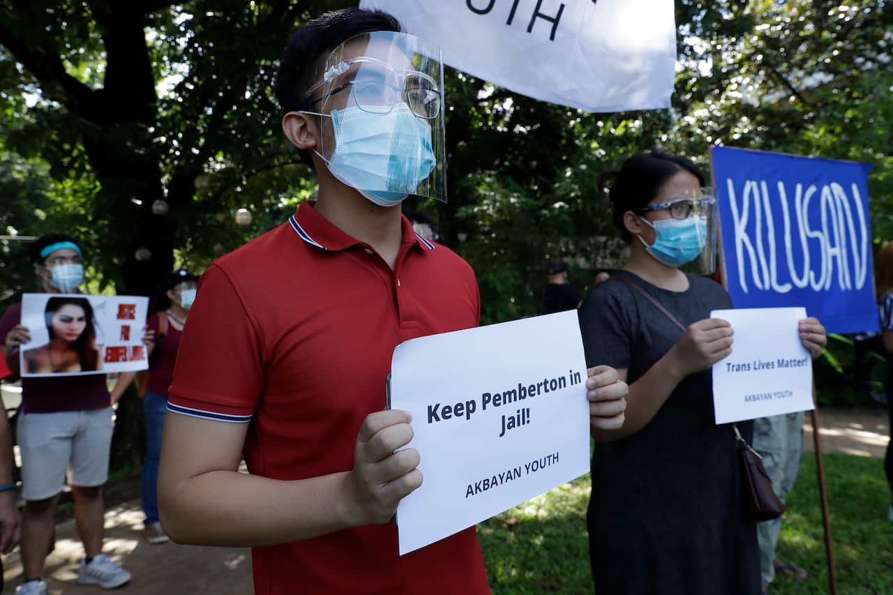 People protest the release of Joseph Scott Pemberton during a rally in Quezon city on 11 September.