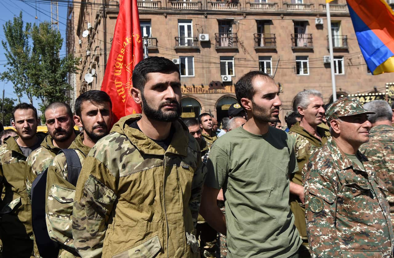 Volunteers of the Armenian Revolutionary Federation gather to leave for Nagorny-Karabah in Yerevan, Armenia, 27 September 2020. 