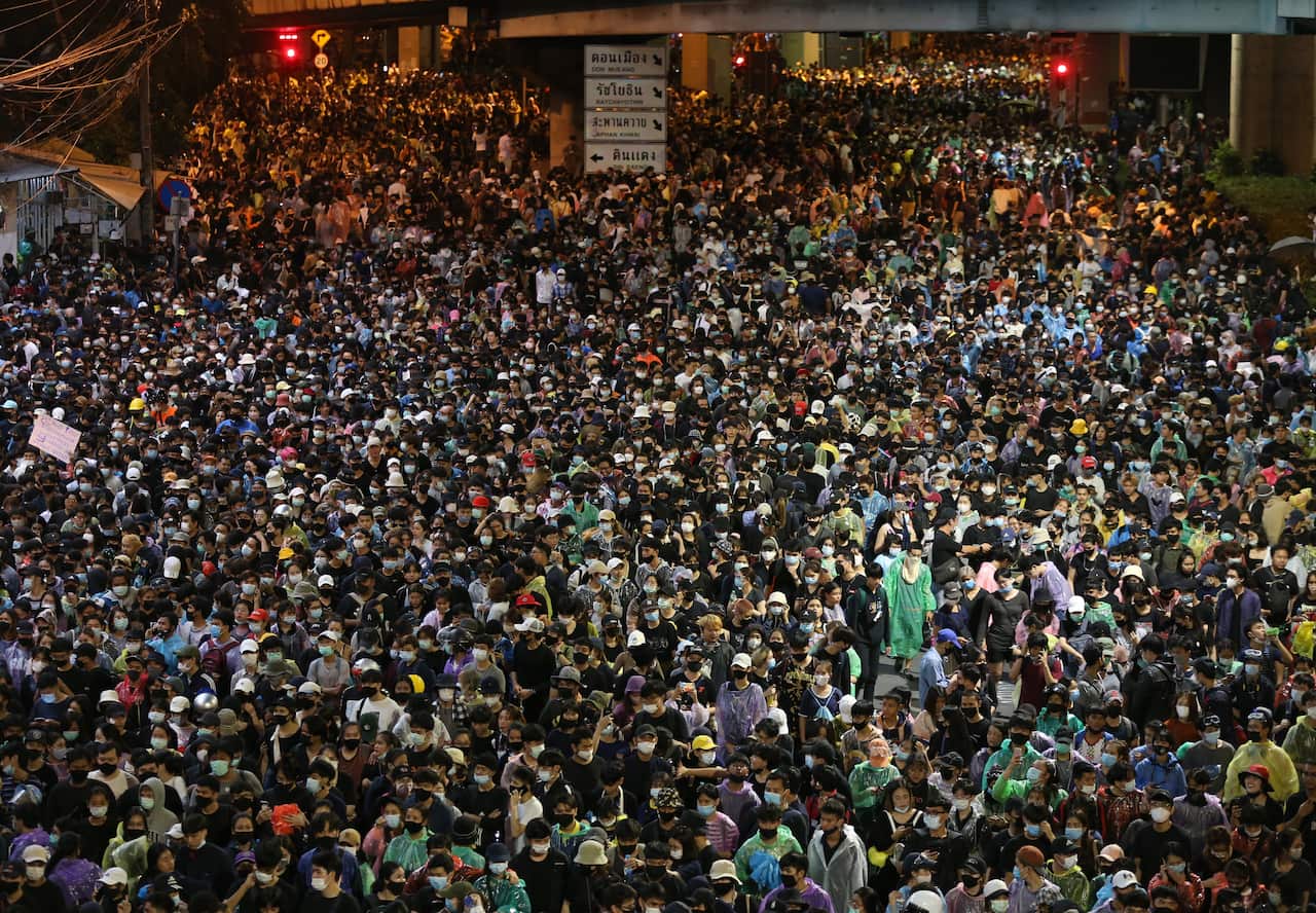 Pro-democracy protesters gather during the protest in Bangkok, Thailand, 17 October 2020.