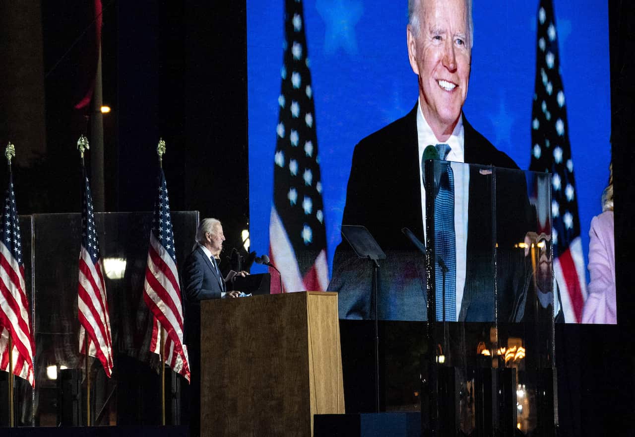 Joe Biden speaks during an election night event in Wilmington, Delaware.