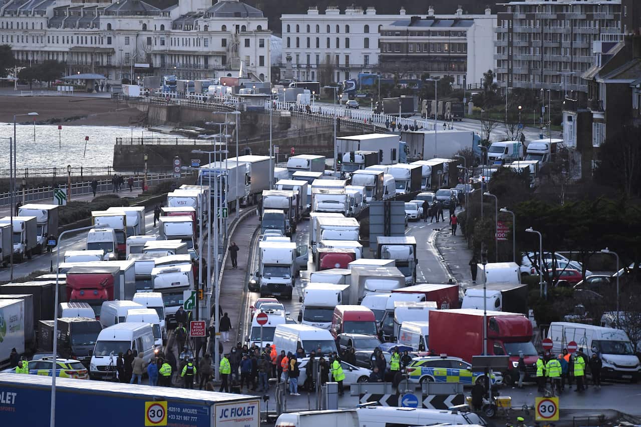 Trucks outside the Port of Dover, after freight cannot cross by sea or through the Eurotunnel. 