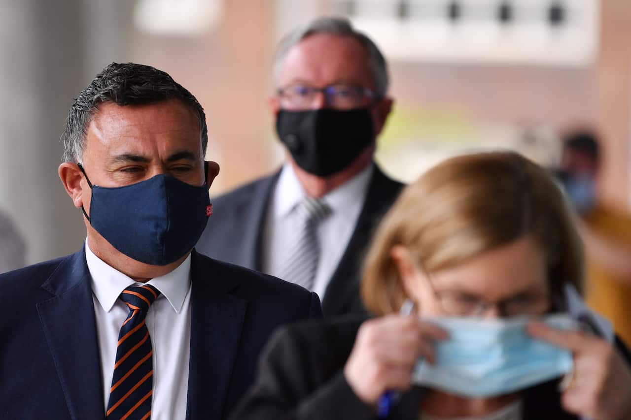 Acting Premier John Barilaro (left), NSW Minister for Health Brad Hazzard (centre) and NSW Chief Medical Officer Dr Kerry Chant.