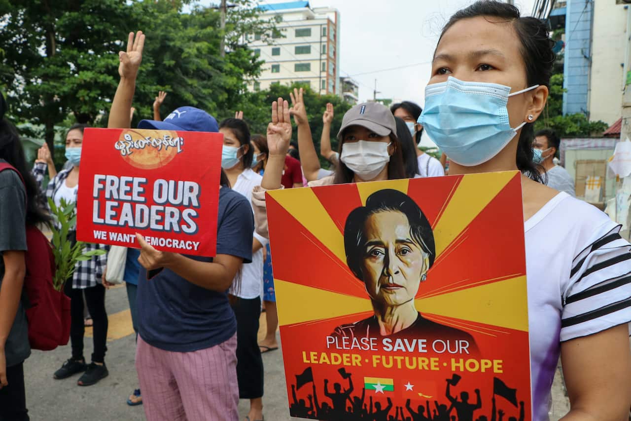 Anti-coup protesters march along a street in Yangon, Myanmar, on Saturday, 24 April, 2021.
