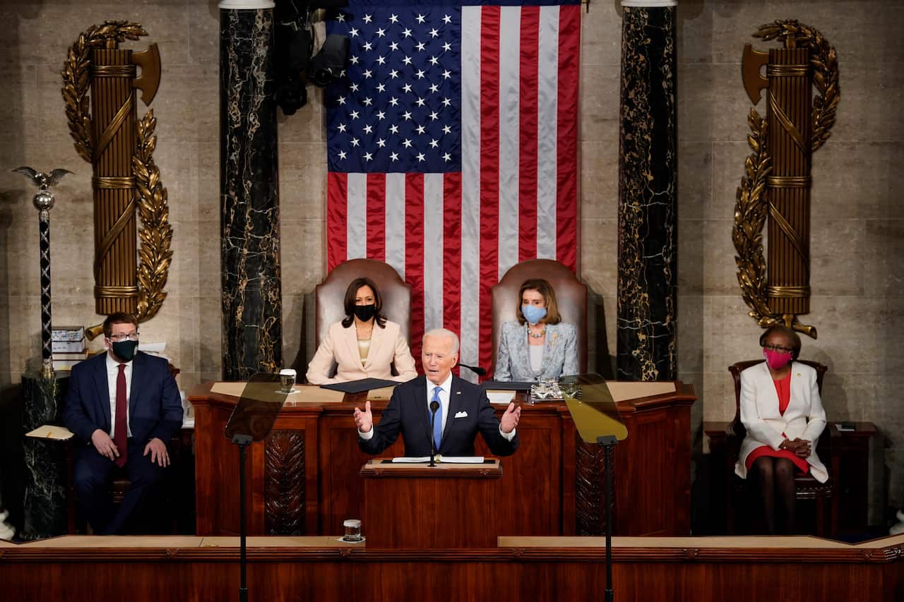 US President Joe Biden delivers an address to a joint session of Congress at the Capitol in Washington, DC, USA, on 28 April.