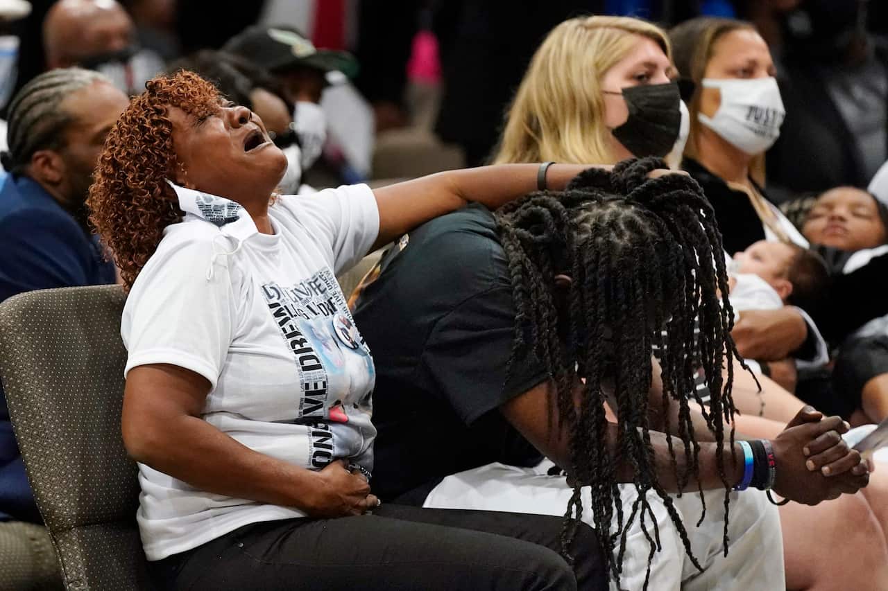 Family members react during the funeral for Andrew Brown Jr, Monday, 3 May, 2021.