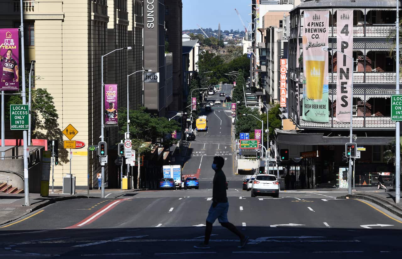 A general view of a quiet Edward Street is seen in Brisbane amid a COVID-19 lockdown on Friday, 6 August, 2021. 