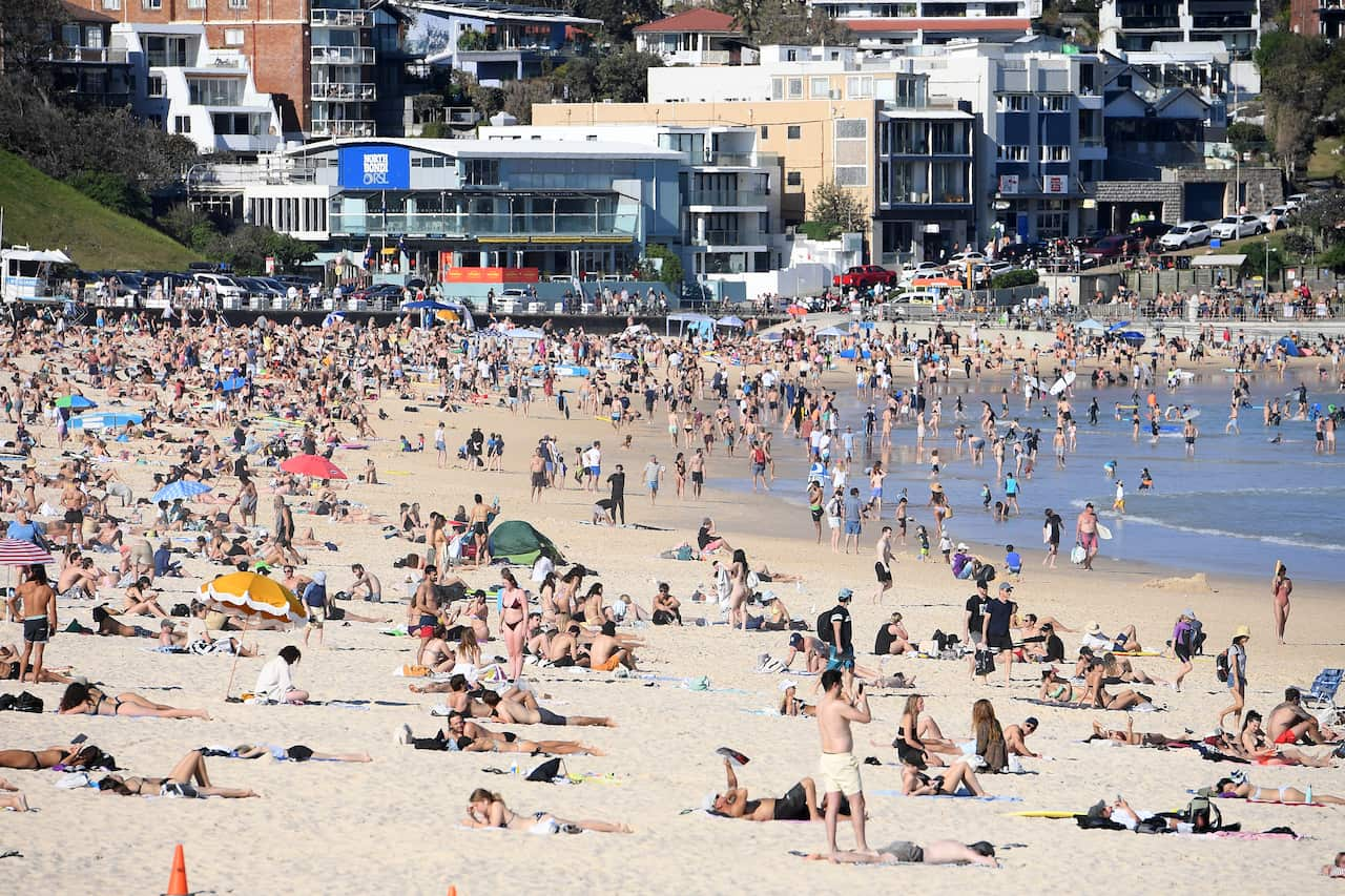 People are seen at Bondi Beach, in Sydney on Saturday, 11 September, 2021.