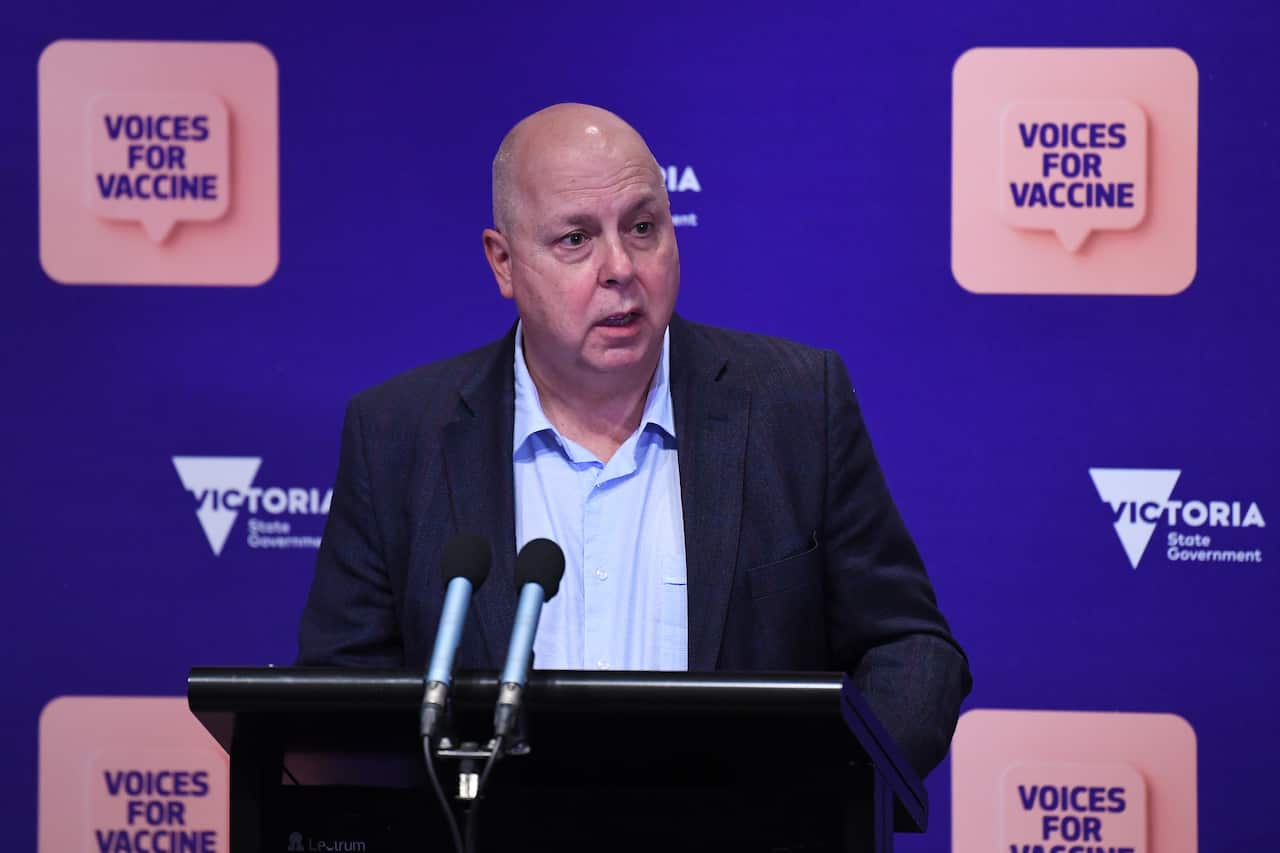 Victorian Treasurer Tim Pallace addresses the media during a press conference in Melbourne, Friday, October 1, 2021. Victoria has reported 1143 new locally acquired cases of COVID-19 and three deaths. (AAP Image/James Ross) NO ARCHIVING