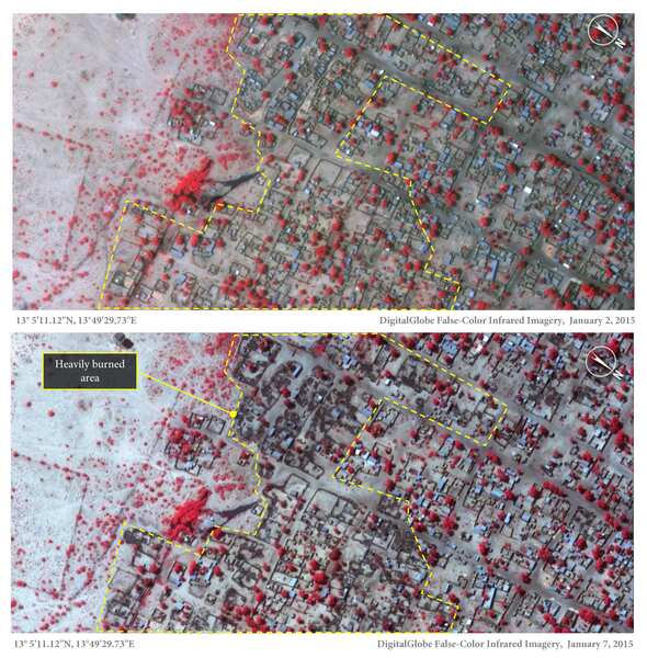The top image shows Baga, Northeatern Nigeria, taken on Jan 2, 2015. Many thatched roof structures have since been razed, as seen in the bottom image. The dark colour represents burned areas, red indicates healthy vegetation. 