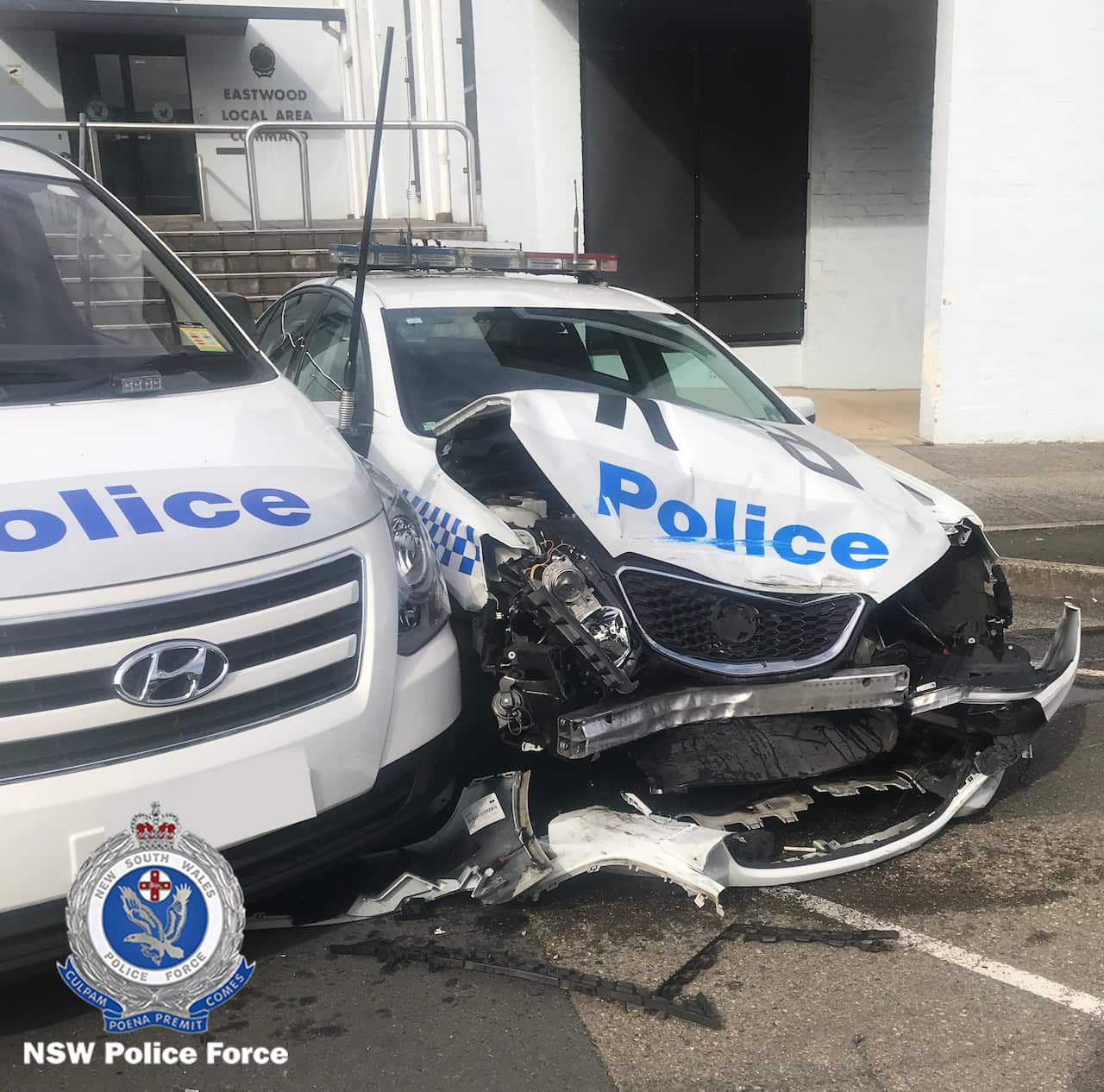 One of the police vehicles was written off while the other was slightly damaged.