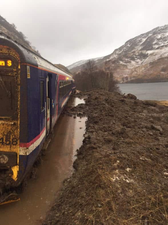 A train stopped at Glenfinnan after a landslip.