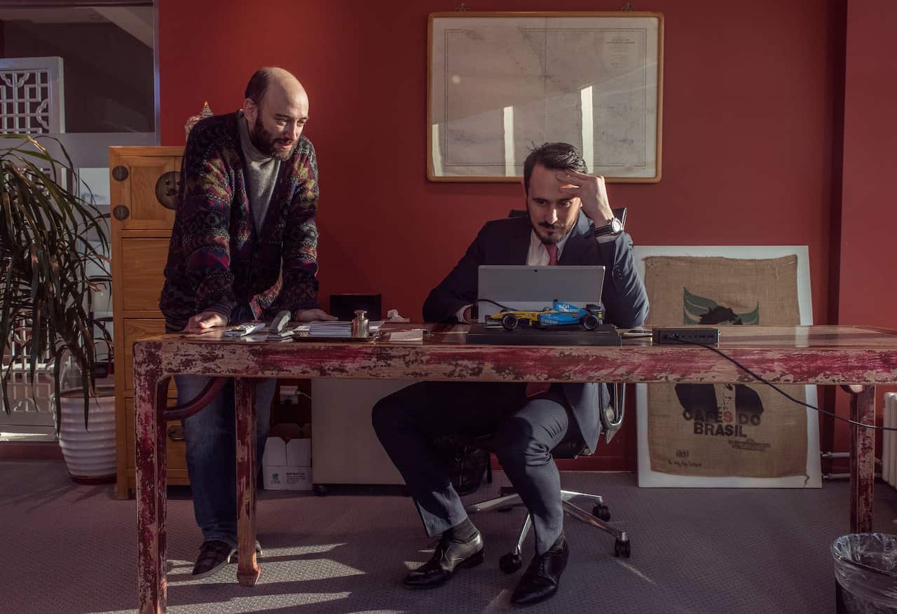 The Italian artist Alessandro Rolandi, right, with Guillaume Bernard, chief operating officer of Bernard Controls.