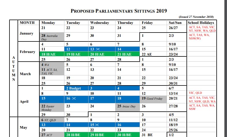 2019 sitting calendar. Blue bars are both houses, while the Green bars represent Reps-only weeks without the Senate. 