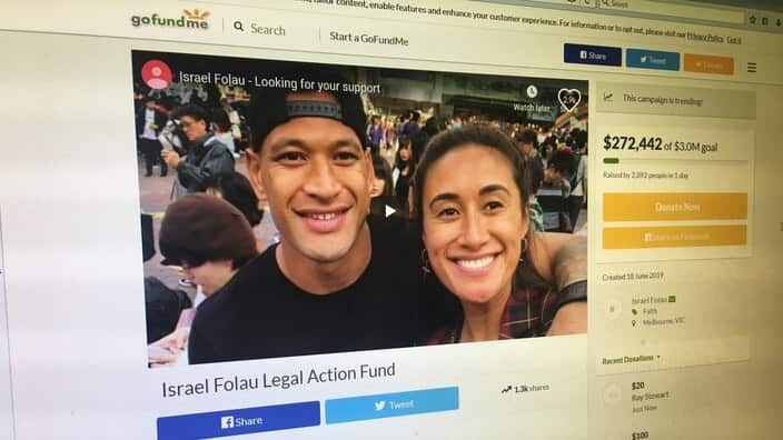 Israel Folau's GoFundMe page online