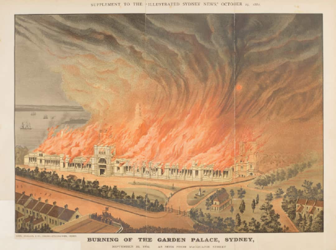 An illustration of the Garden Palace burning down.