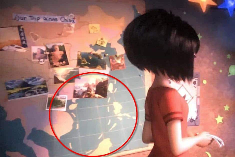 The scene from Abominable, featuring a map which shows China's unilaterally declared "nine-dash line" in the South China Sea.