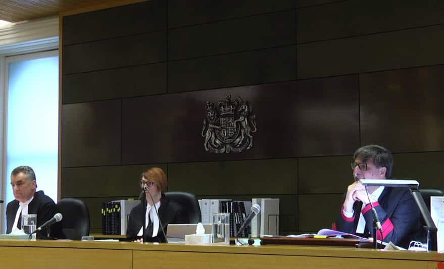 Inside the hearing (L-R): President of the Court of Appeal Justice Chris Maxwell, Supreme Court of Victoria,  Justice Anne Ferguson, Justice Mark Weinberg.