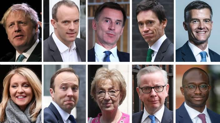 UK leadership contenders (L to R, top) Boris Johnson, Dominic Raab, Jeremy Hunt, Rory Stewart, Mark Harper (bottom) Esther McVey, Matt Hancock, Andrea Leadsom, Michael Gove, Sam Gyimah (not pictured Sajid Javid)