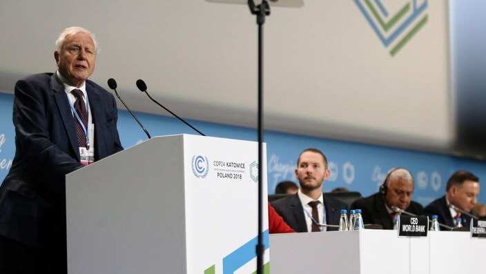 British naturalist and TV personality David Attenborough speaks in the opening ceremony of the COP24 summit in Katowice, Poland 